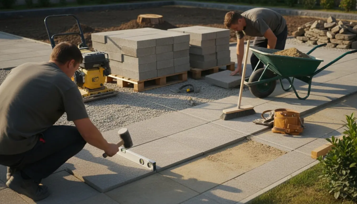 Håndværker lægger store kvadratiske fliser på stabilt grus til en indkørsel.