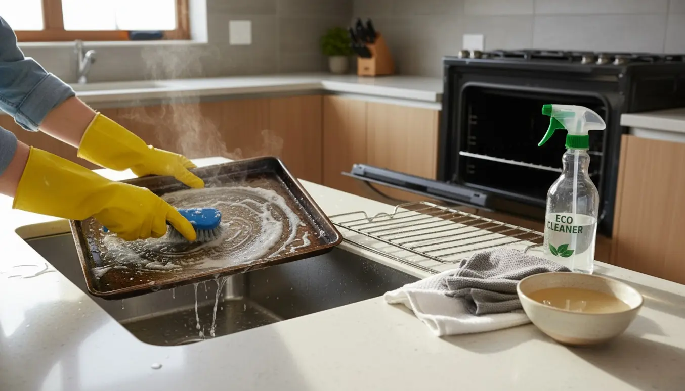 Hænder i gummihandsker skrubber en ovnplade i en lys køkkenvask med ovnriste på bordet.