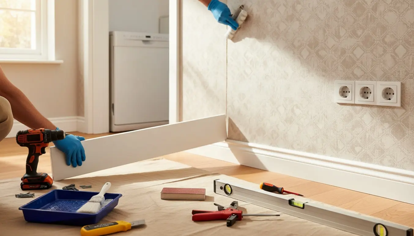 Hænder monterer nyt fodpanel i entré med halvopsat tapet, værktøj og udskiftede stikkontakter.