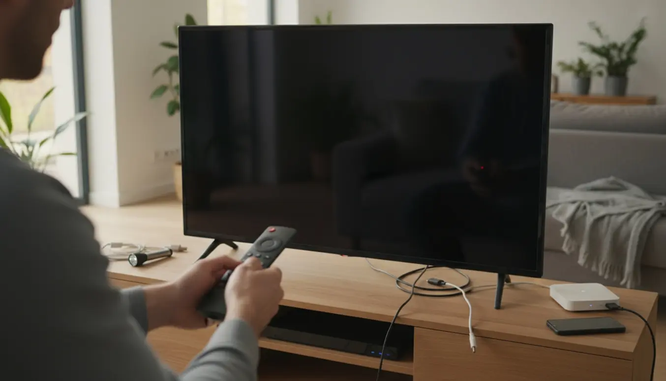 Mørk 50-tommer fladskærm i en moderne stue med fjernbetjening og løs strømledning under fejlsøgning.