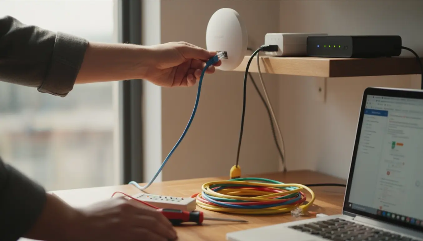 Hænder tilslutter Ethernet-kabler til et vægmonteret access point med modem, værktøj og en bærbar i baggrunden.