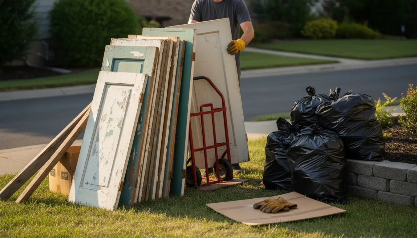 Stak med skabslåger, pap og fyldte affaldssække i en indkørsel klar til afhentning.