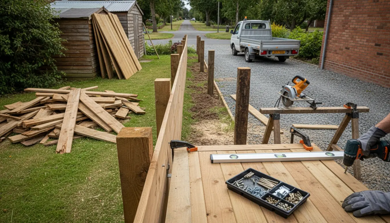 Hænder monterer en ny træhavelåge ved indkørsel med stakke af gamle og nye Kalmarbrædder.