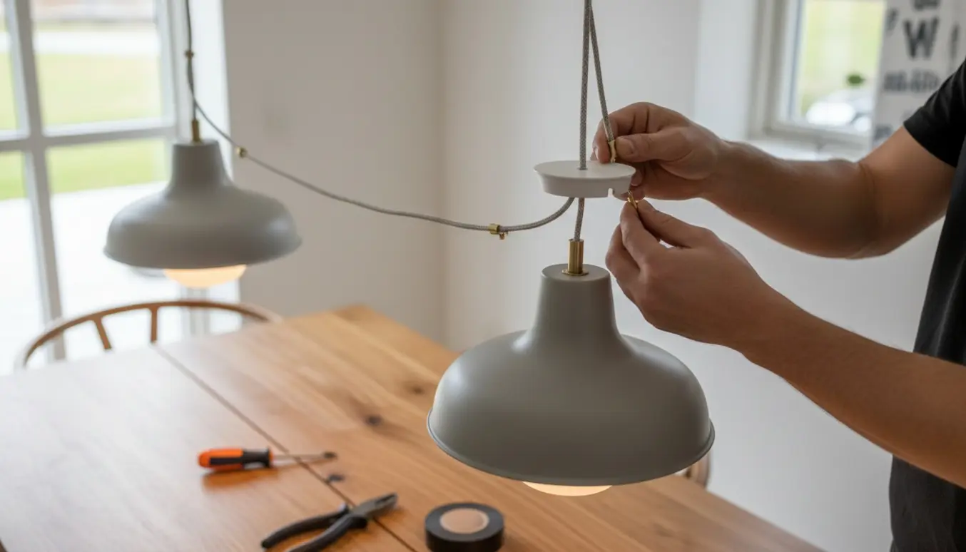 To ophængte spisebordslamper, en hånd forbinder deres ledninger til en enkelt loftsforbindelse.