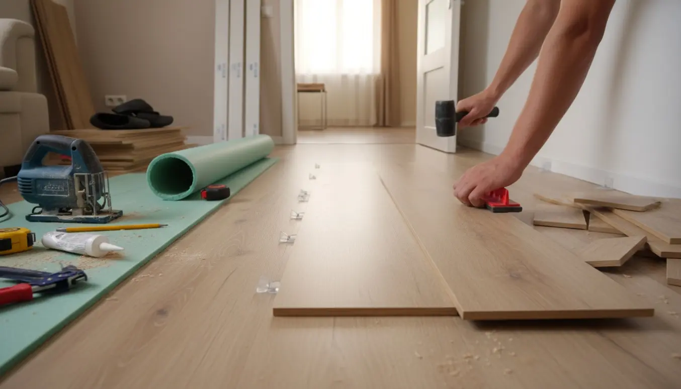 Installatør lægger laminatgulv i en lys stue ved en enkelt døråbning, med værktøj og planker klar.