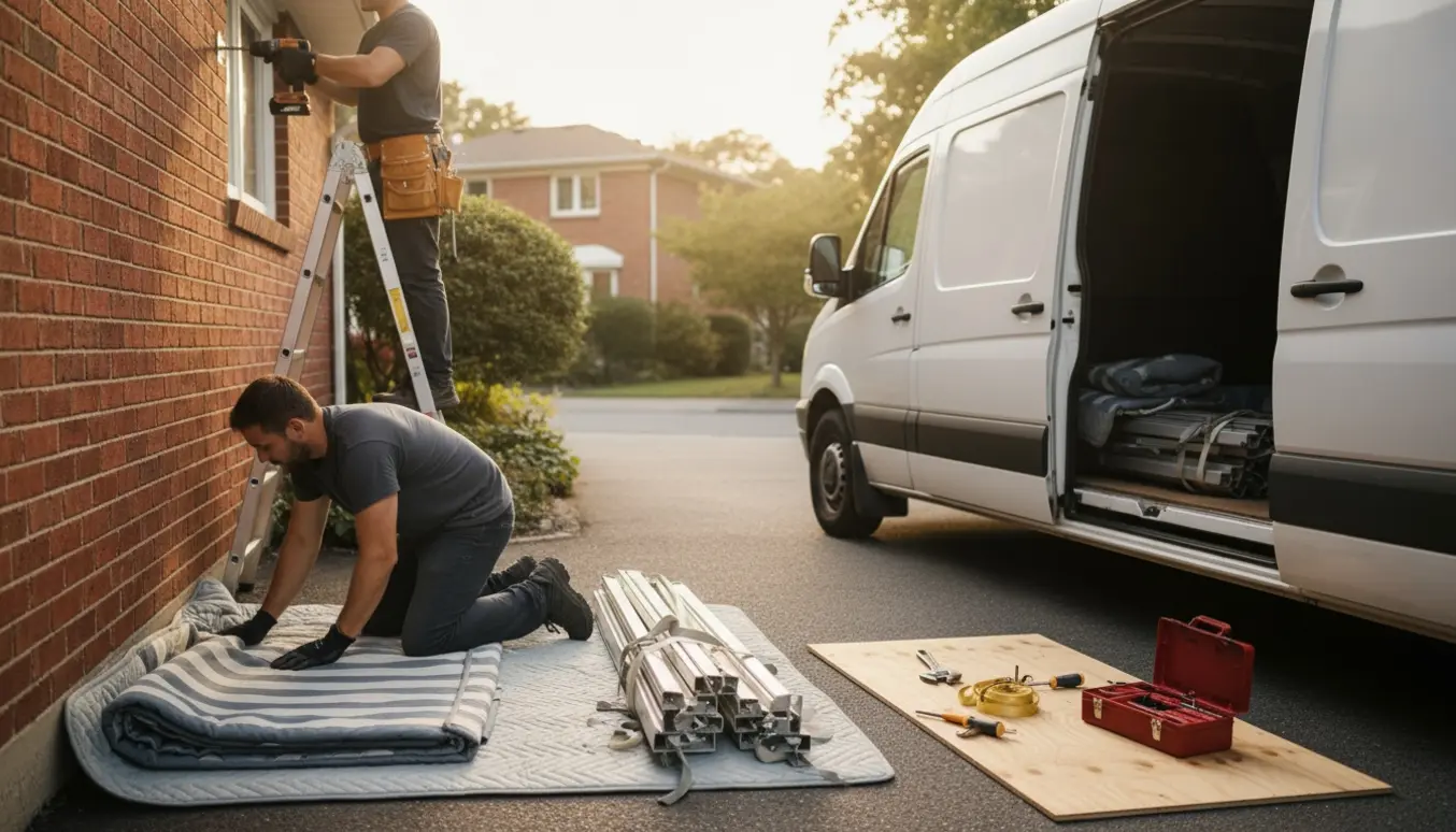 To håndværkere afmonterer og pakker en markise foran et hus og læsser den i en hvid varevogn.