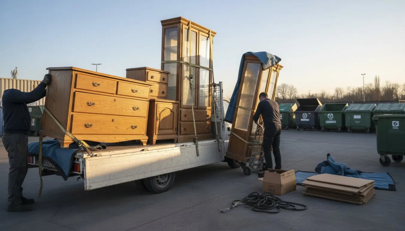 Lastbil læsset med en kommode, et vitrineskab og to små skabe ved en genbrugsplads.