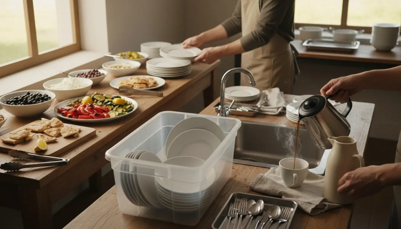 En forklædet person rydder op ved et buffetbord med græske retter, brygger kaffe og vasker op.