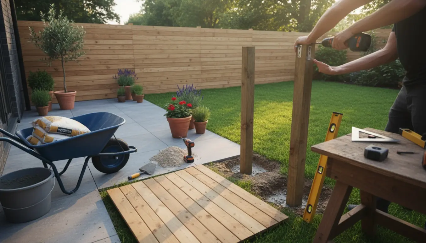Håndværker og boligejer sætter et træhegn op omkring en lille terrasse og græsareal.