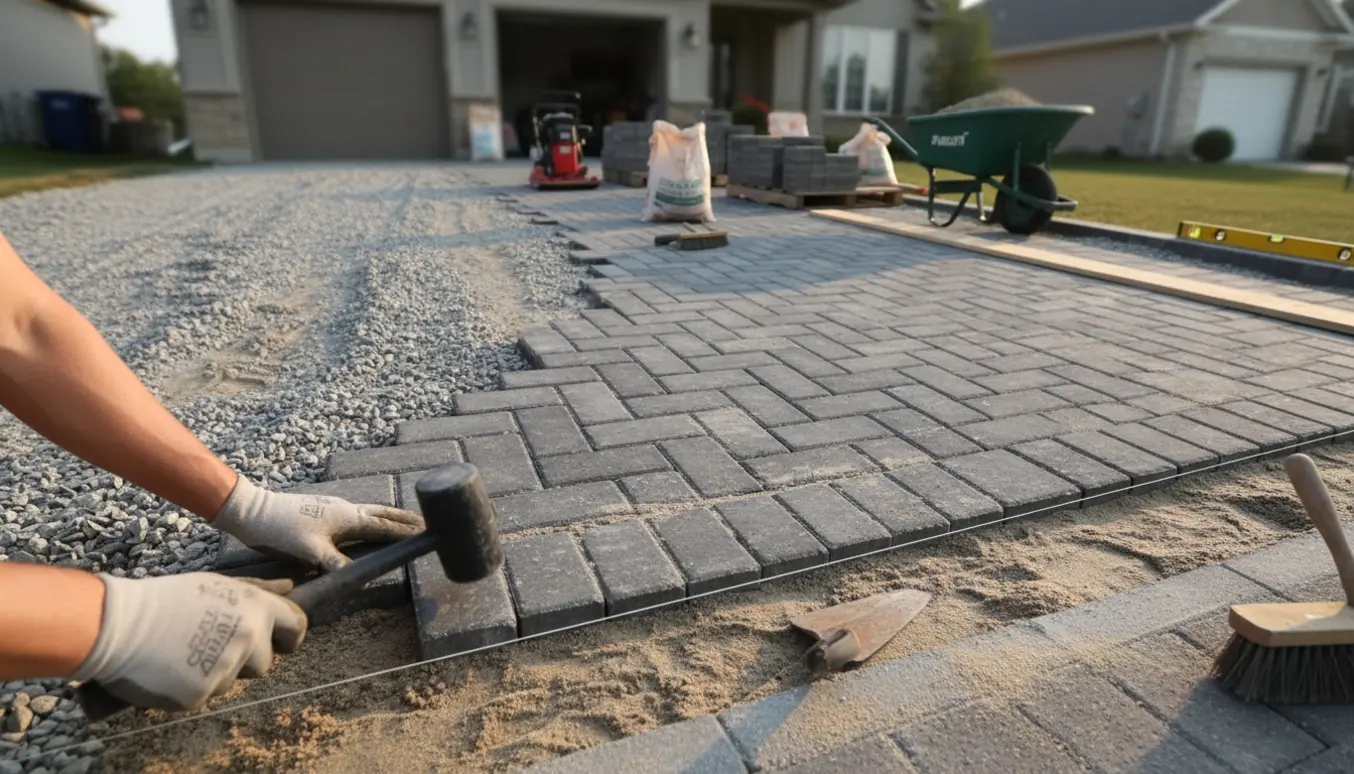 Halvfærdig indkørsel med nye fliser, palleter med sten, sand og værktøj i arbejdstøjet.