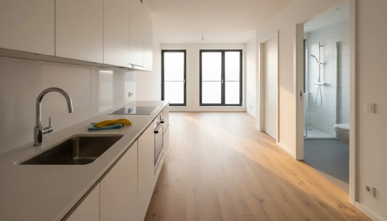 Soloplyst, helt tom 3½-værelses lejlighed med køkken, åbent badeværelse og gummihandsker på køkkenbordet.