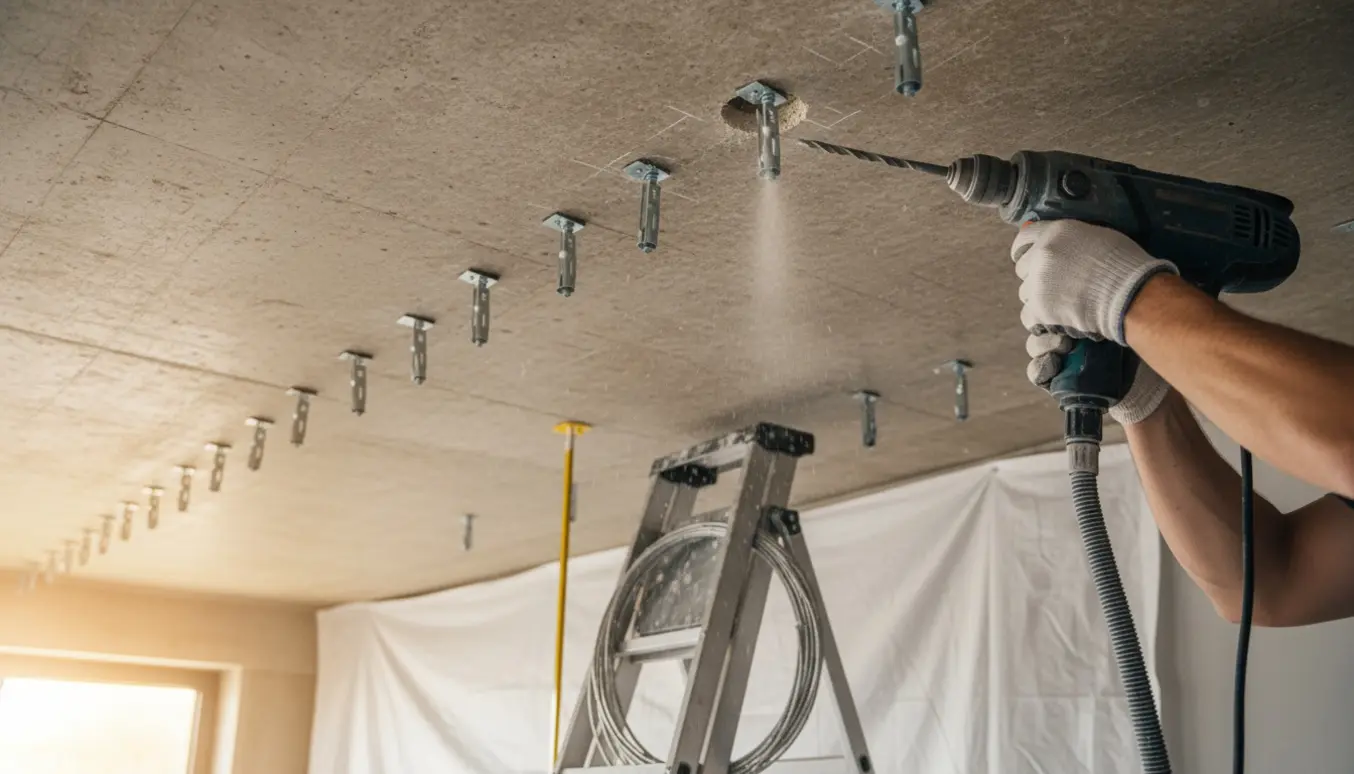 Hænder borer huller i et betonloft til opsætning af gardinstænger med værktøj og gardinstænger i nærheden.