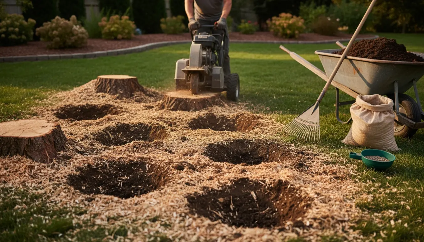 Syv fræsede trærødder i en have med friske flis- og jordbunker klar til græssåning.