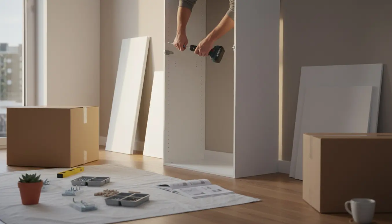 Delvist samlet fladtpakket garderobeskab i et lyst rum med værktøj og dele spredt på trægulvet.