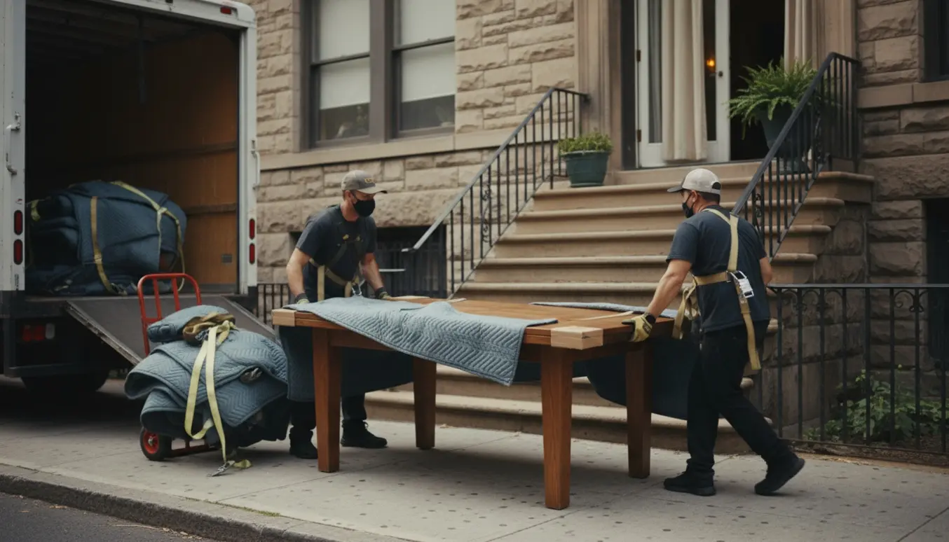 To flyttefolk bærer et spisebord fra kantstenen op mod en lejlighed på tredje sal med flyttetæpper og stropper.