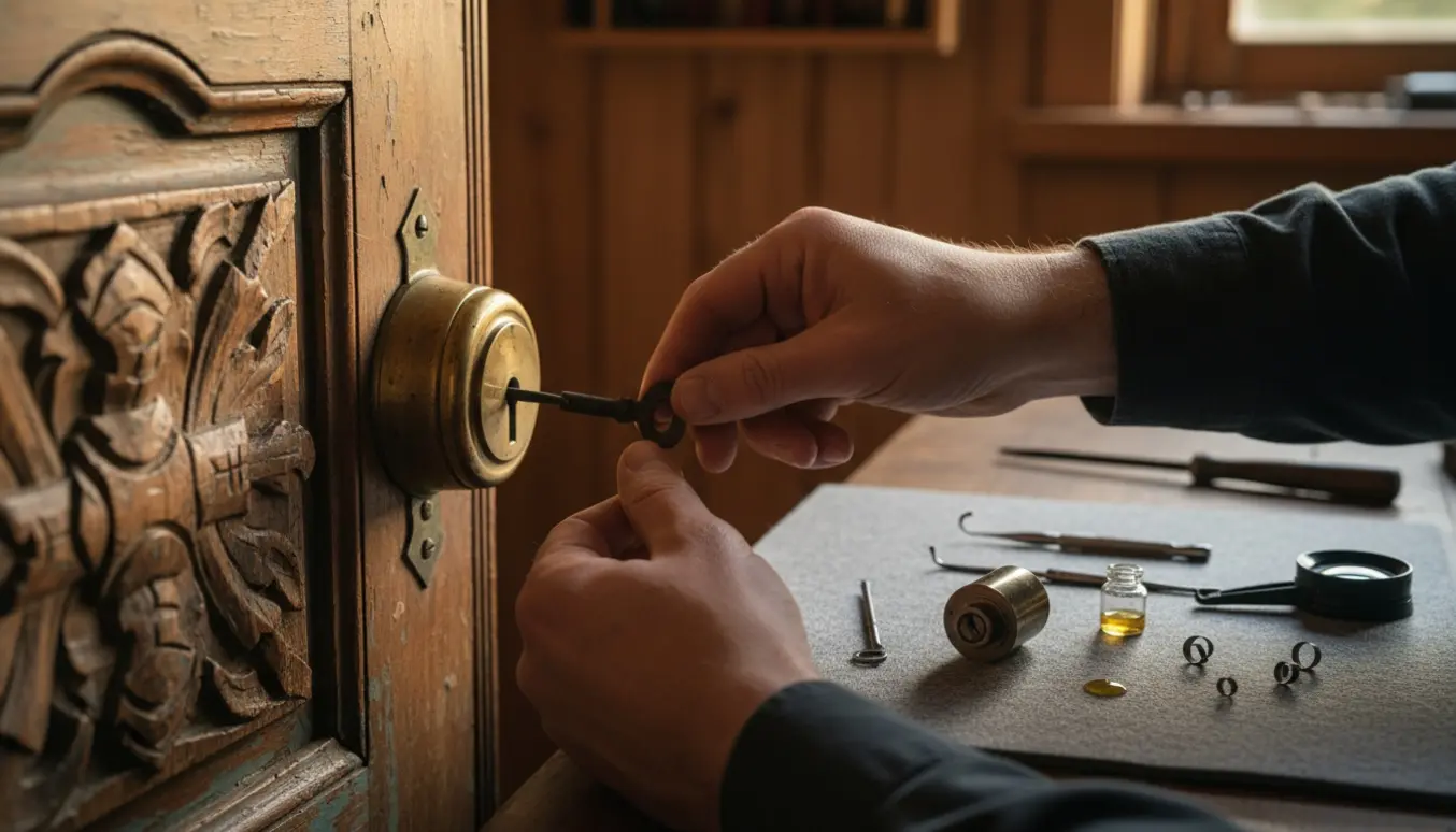 Nærbillede af hænder, der forsigtigt trækker en knækket nøgle ud af en gammel skabslås med små værktøjer.