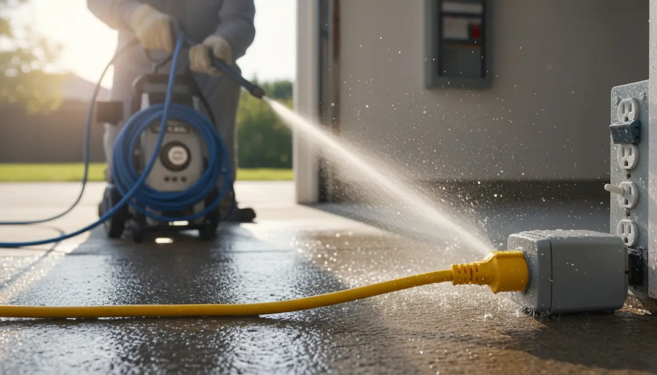 Højtryksrenser sprøjter vand ved et vådt udendørsstik med en åben eltavle og en udkoblet afbryder i baggrunden.