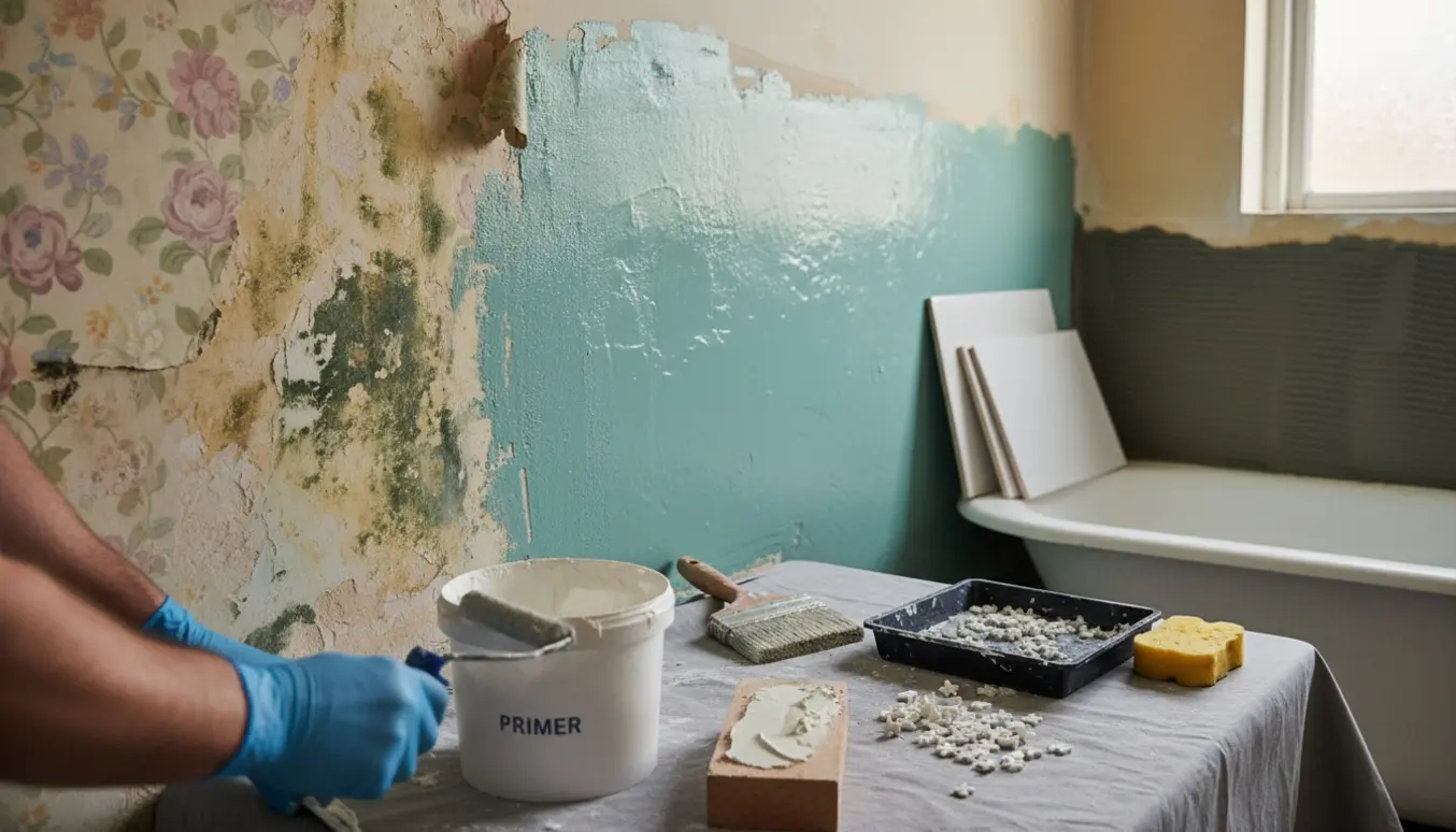 Lille badeværelse under renovering med fjernet tapet, vådrumsmembran påført og klinker klar til opsætning.