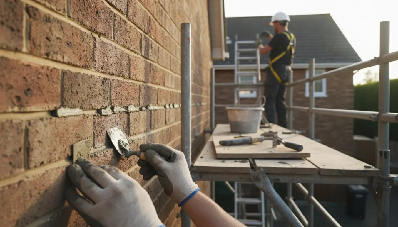Hænder i handsker fuge en østvendt gavl, mens en kollega fastgør en tagrygsten på den modsatte gavl.