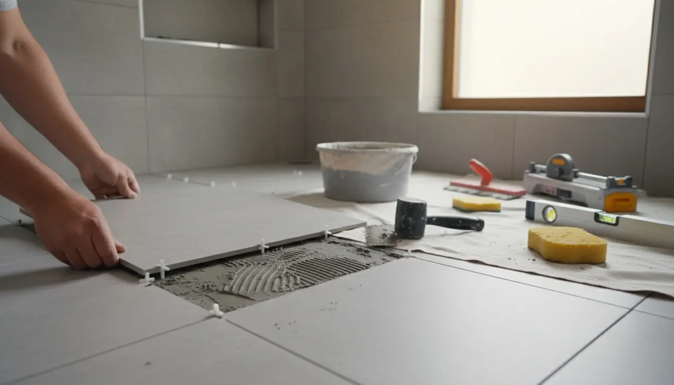 Nærbillede af hænder, der lægger store 60x60 fliser på et badeværelsesgulv med delvist færdig bruseniche og fliseværktøj ved siden af.