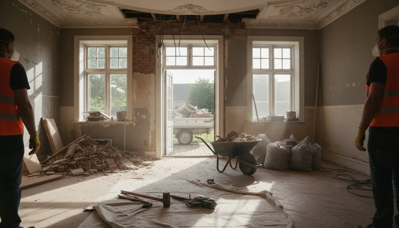 Nedrivning i en murermestervilla med fjernet loft og gulv, murbrokker og værktøj i dagslys.