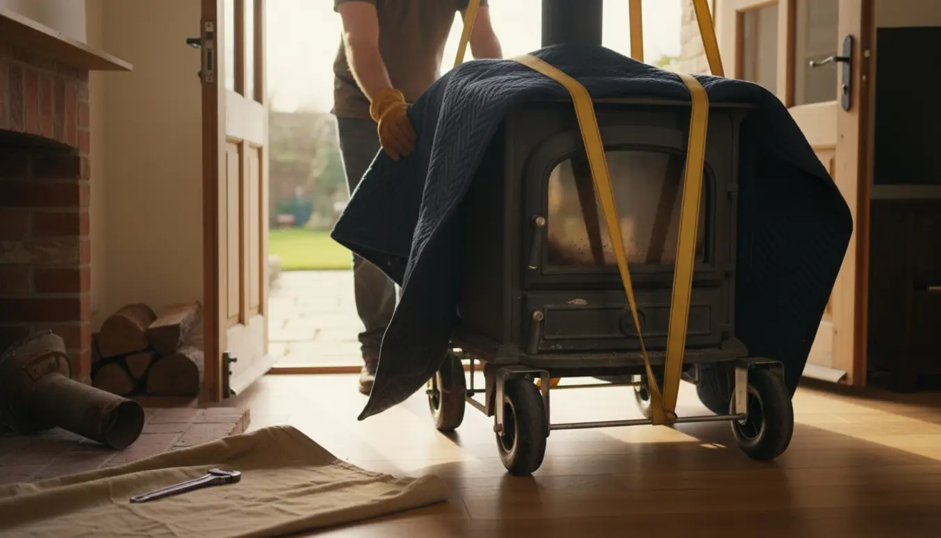 To personer bærer en indpakket støbejernsbrændeovn ud gennem en åben dobbeltdør.