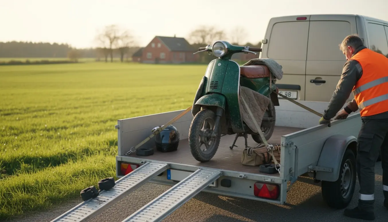 En knallert læsses på en trailer ved en stille landevej, hænder i handsker spænder stropper.