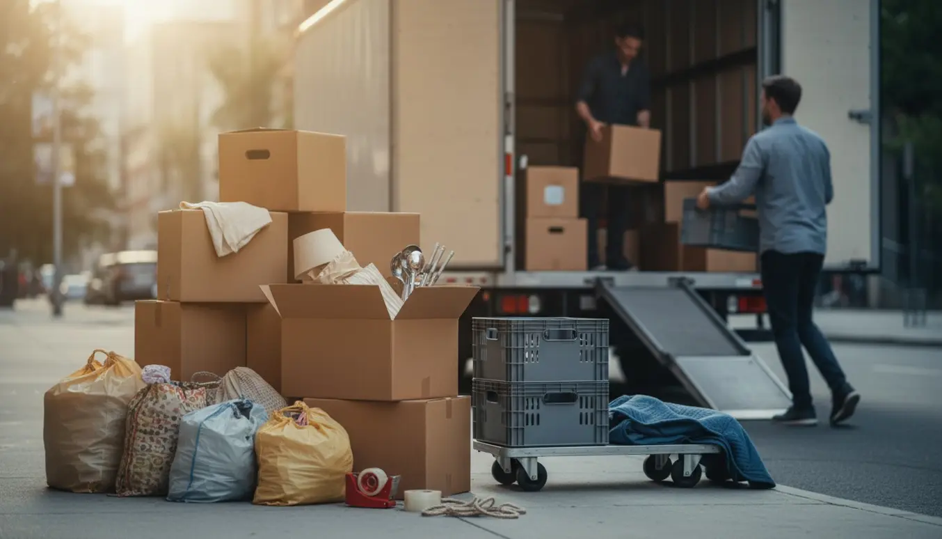 Stak flyttekasser, sække og plastikkasser foran en åben varevogn klar til akut flytning.