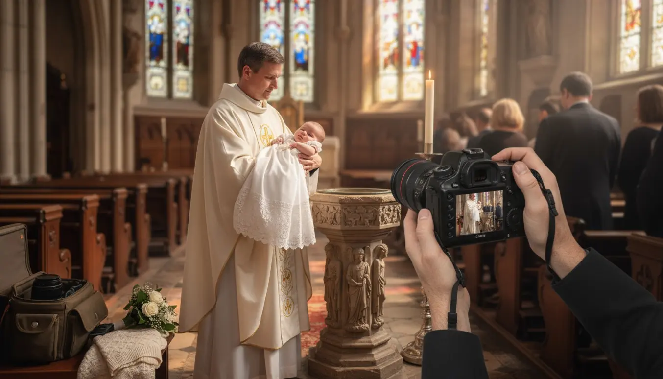 En fotograf tager billeder i en kirke under en barnedåb med præst, dåbsfont og blødt lys gennem glasruder.