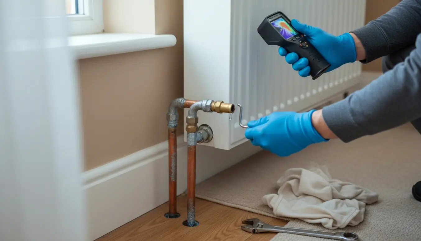 Tekniker tjekker kolde radiatorer og kondens på eksponerede rør i et stuehjørne.