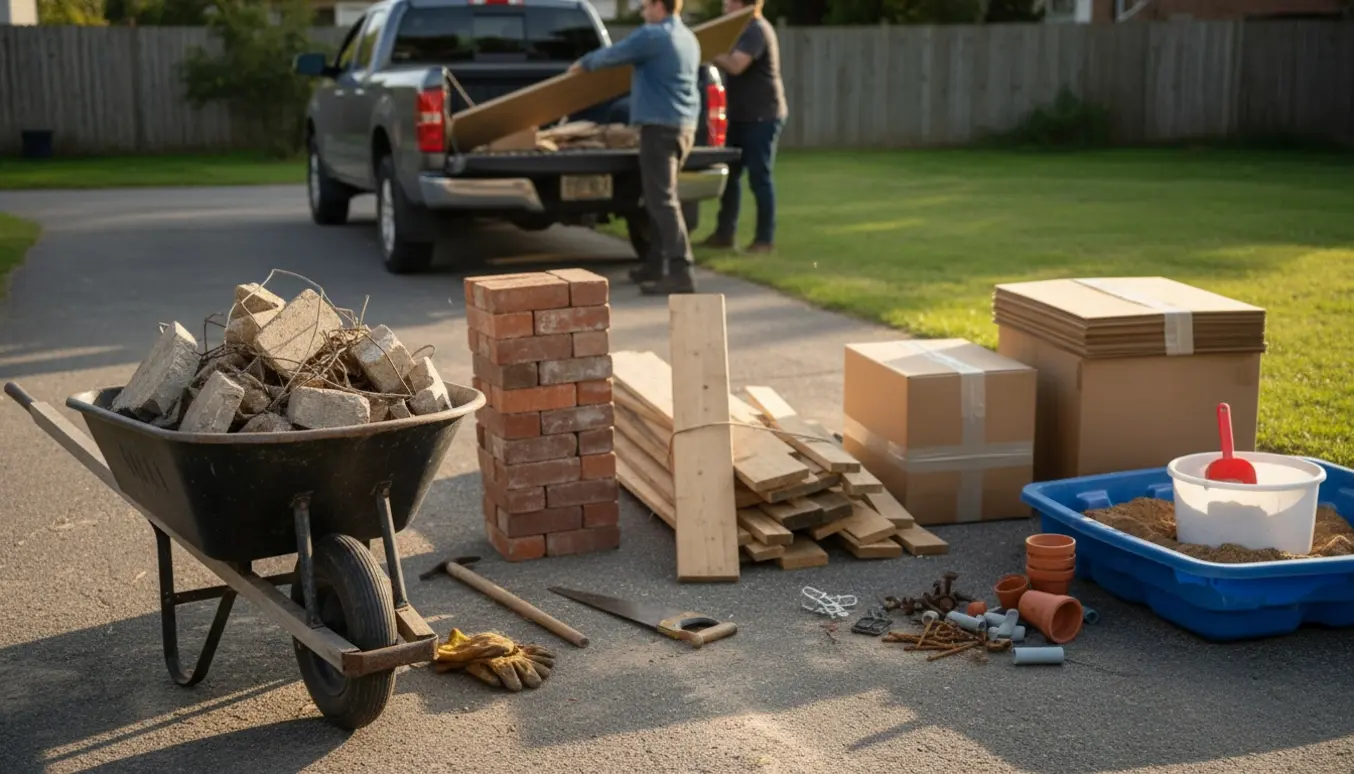 Storskraldsindsamling på indkørsel med stablede mursten, træbrædder, pap og en trillebør.