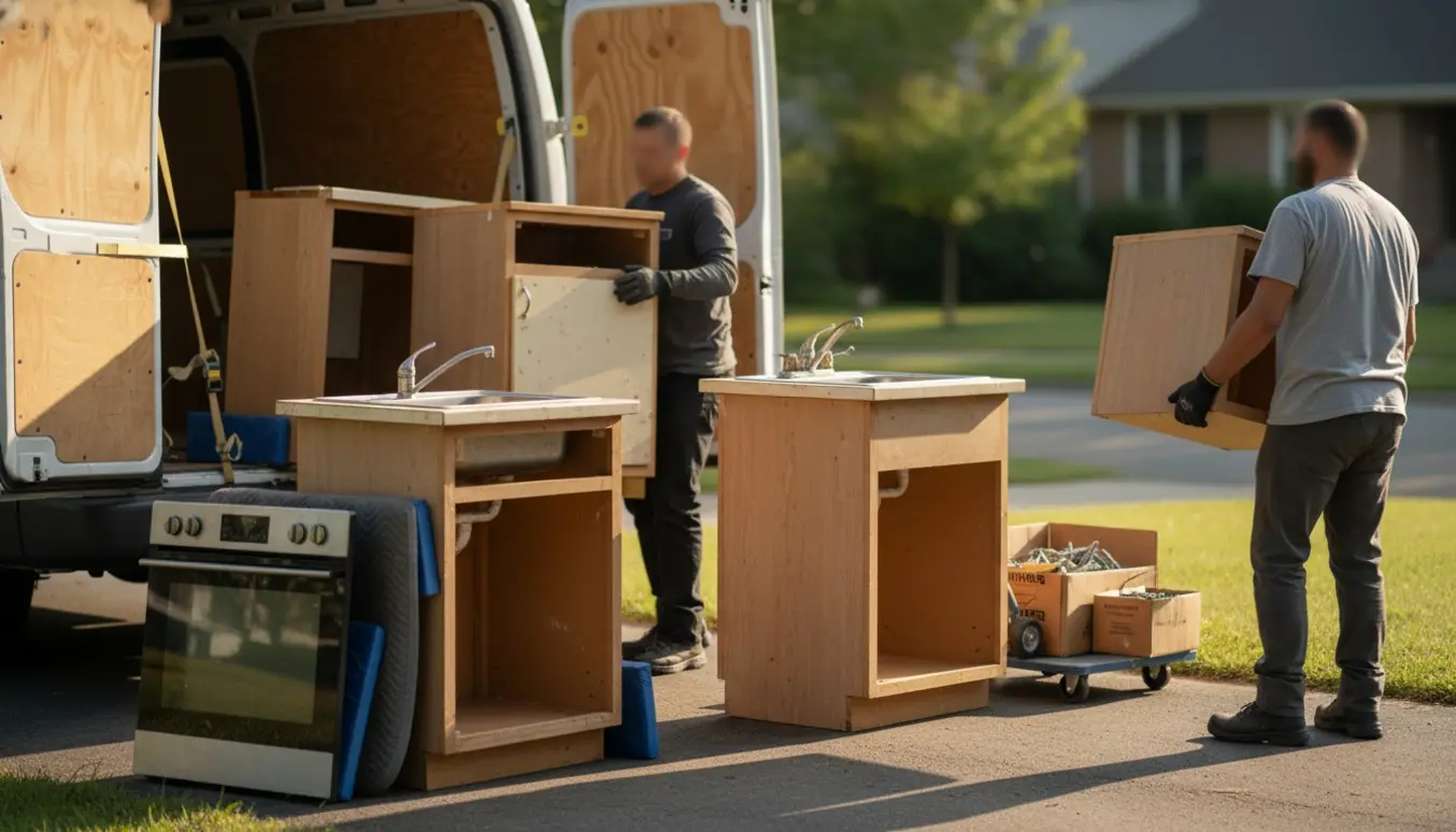 Lastning af et nedtaget køkken i en varevogn på en indkørsel med flytteudstyr.