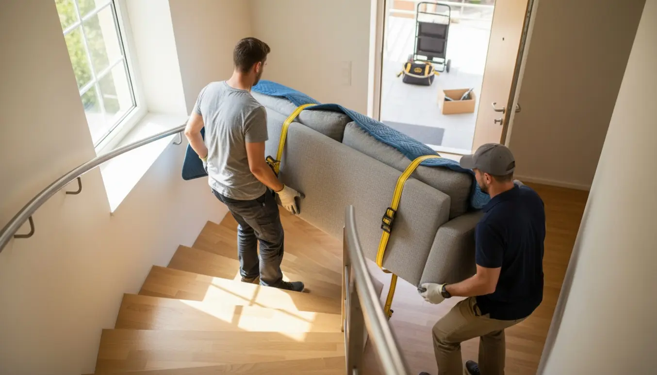 To flyttefolk bærer en ny sofa op ad en trappe i en lys lejlighed med flyttetæpper og stropper.
