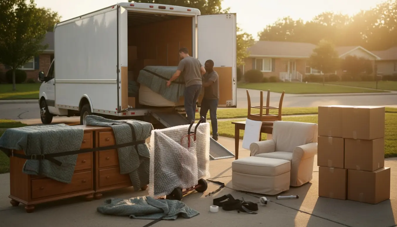 Flyttefolk læsser indpakkede møbler og omkring ti flyttekasser ind i en lille flyttevogn foran en stueetages bolig.