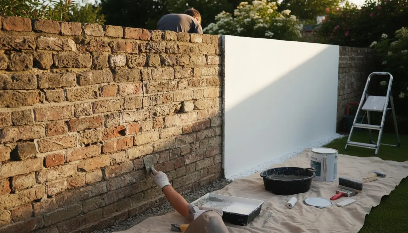 Havevæg med udbedrede huller og nymalet hvid sektion med værktøj i forgrunden.