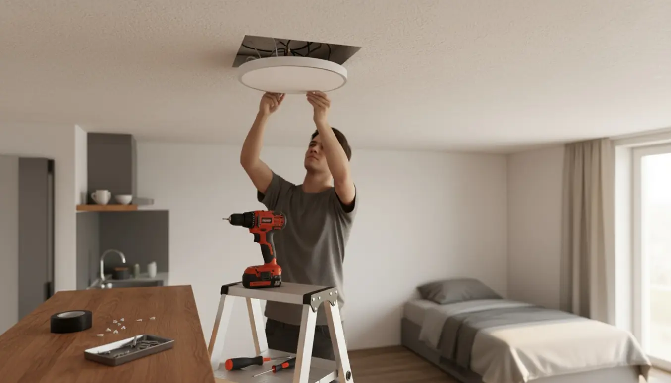 Hvid rund LED-loftlampe bliver monteret i et lille studie, håndværktøj ligger klar på en stige og bord.