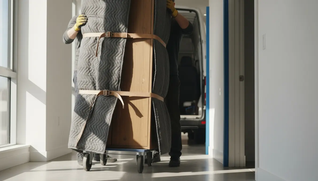 Et træklædeskab bæres ind i en lejlighed af to flyttefolk, indpakket i flyttetæpper og sikret med stropper.