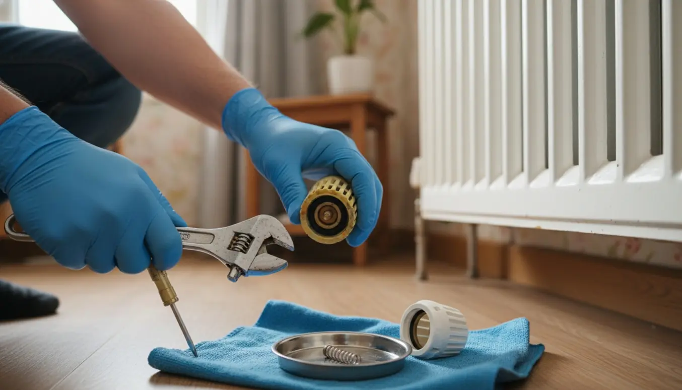 Hænder reparerer en gammel radiatorventil med værktøj, mens en lille fjeder ligger på en bakke.