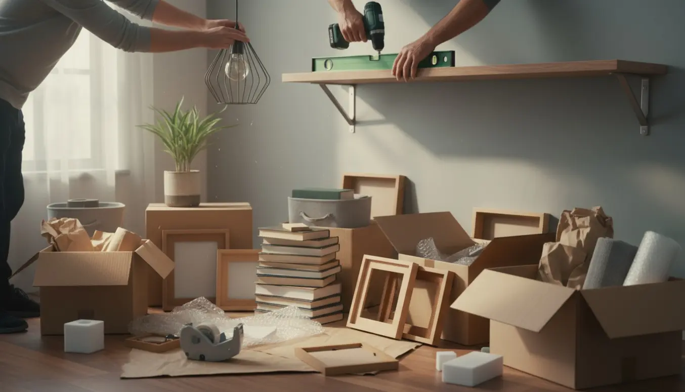 Hænder monterer en væghylde ved siden af åbne flyttekasser og pakkematerialer i et lyst rum.