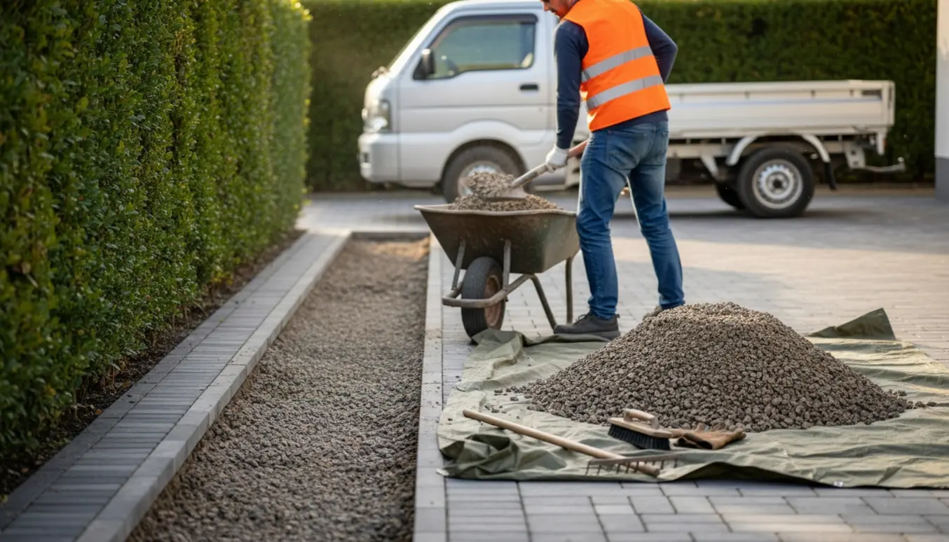 Person i arbejdstøj fjerner cirka 1 m³ grus fra en indkørsel langs en hæk med skovl og trillebør.
