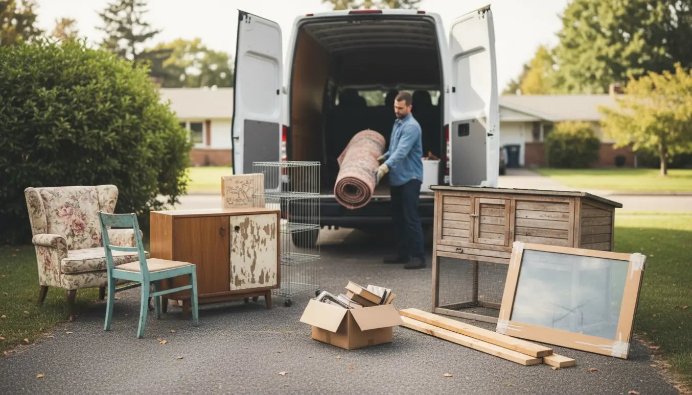 Storskrald ved en åben varevogn på en indkørsel med to stole, skab, reol, stort træ-kaninbur, træplader og en lille glasplade.