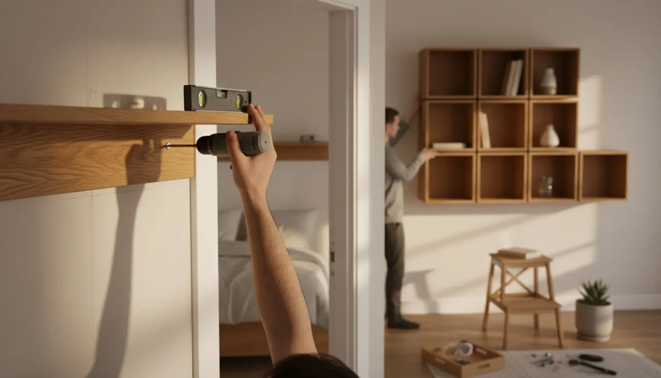 En montør monterer egetræshylder og otte bogkasser på vægge i entré, soveværelse og stue med værktøj og bøger omkring.