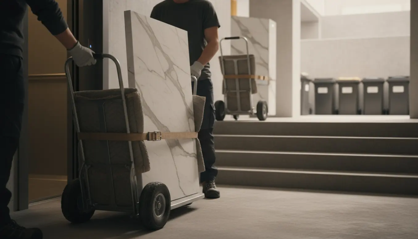En stor marmorplade på en flyttevogn bæres gennem en opgang mod storskraldspladsen.