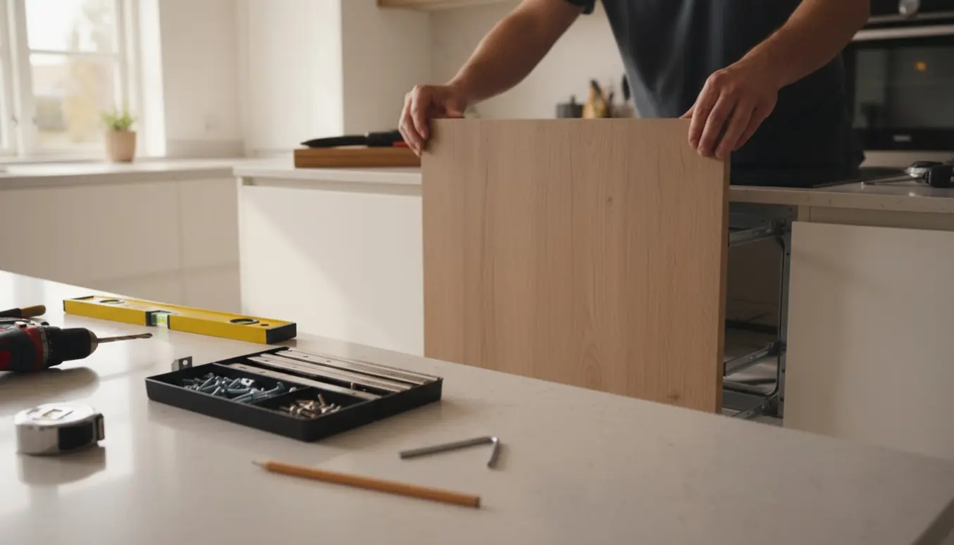 Hænder monterer nye køkkenfronter på indbyggede køleskab, fryser og opvaskemaskine med værktøj og skruer på køkkenbordet.
