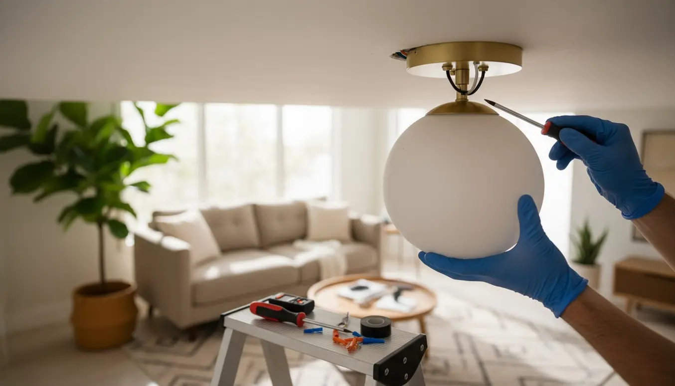 Hænder monterer en loftlampe i en stue med stige og værktøj.