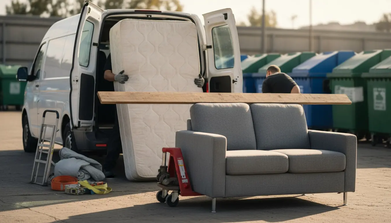 Varevogn læsser seng, sofa og træplade af ved en genbrugsstation.
