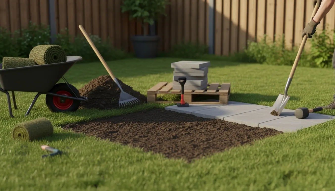 Del af græsplæne er gravet op med bunker af jord og stakkede fliser klar til at blive lagt.