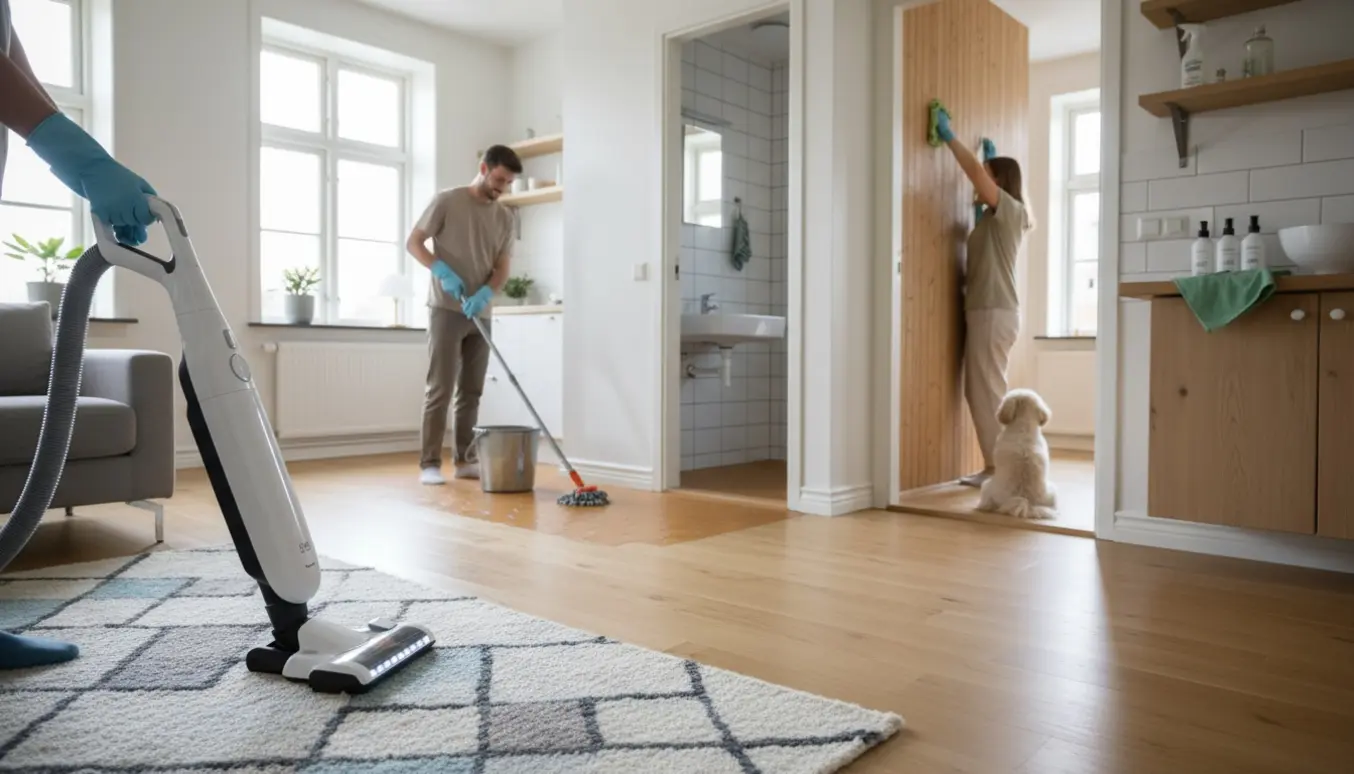 Rengøringsscene i en lys lejlighed med støvsuger, moppe og en lille hund i baggrunden.