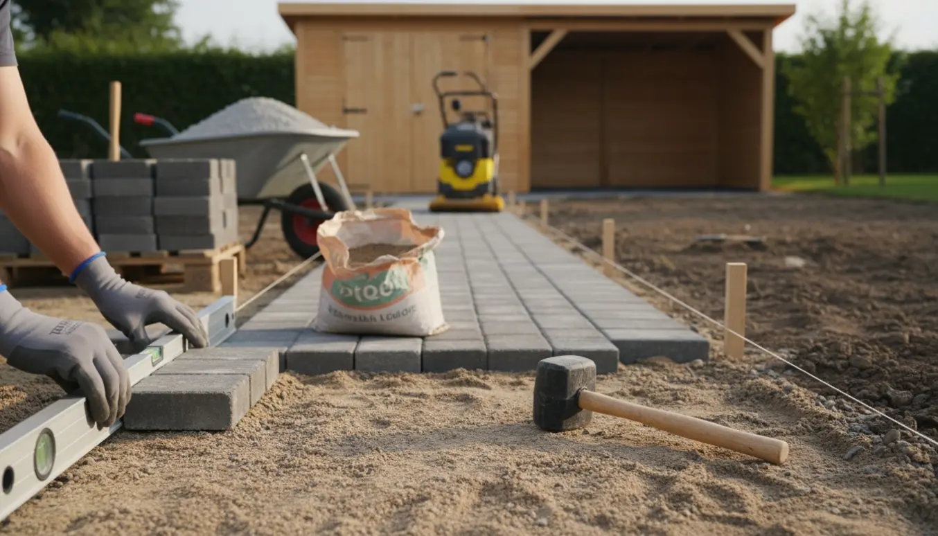 Nærbillede af brolæggerarbejde i have: fliser lægges på grus- og sandbund foran et nyt haveskur.