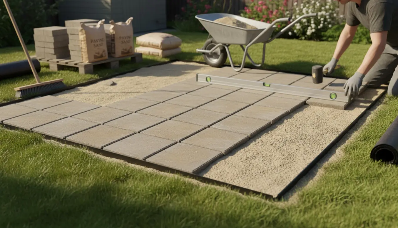 Hænder lægger kvadratiske fliser på en lille terrasse med værktøj og sand ved siden af.